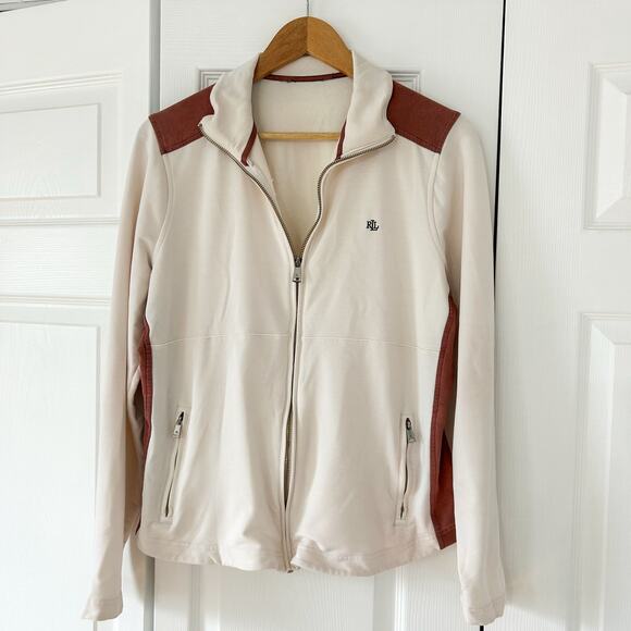 Lauren Ralph Lauren Cream Zip Active Jacket Rust Brown Trim Size Large - Picture 2 of 9